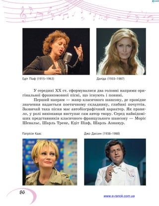 86
У середині ХХ ст. сформувалися два головні напрями ори-
гінальної франкомовної пісні, що існують і понині.
Перший напрям — жанр класичного шансону, де провідне
значення надається поетичному складнику, глибині почуттів.
Зазвичай така пісня має автобіографічний характер. Як прави-
ло, у ролі виконавця виступає сам автор твору. Серед найвідомі-
ших представників класичного французького шансону — Моріс
Шевальє, Шарль Трене, Едіт Піаф, Шарль Азнавур.
Патрісія Каас Джо Дассен (1938–1980)
Едіт Піаф (1915–1963) Даліда (1933–1987)
www.e-ranok.com.ua
 