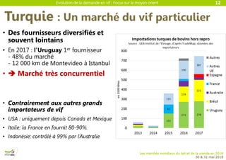 Evolution de la demande en vif : Focus sur le moyen orient
Les marchés mondiaux du lait et de la viande en 2018
30 & 31 mai 2018
Turquie : Un marché du vif particulier
12
• Des fournisseurs diversifiés et
souvent lointains
• En 2017 : l’Uruguay 1er fournisseur
- 48% du marché
- 12 000 km de Montevideo à Istanbul
•  Marché très concurrentiel
• Contrairement aux autres grands
importateurs de vif
• USA : uniquement depuis Canada et Mexique
• Italie: la France en fournit 80-90%.
• Indonésie: contrôlé à 99% par l’Australie
 