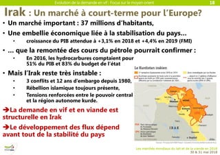 Evolution de la demande en vif : Focus sur le moyen orient
Les marchés mondiaux du lait et de la viande en 2018
30 & 31 mai 2018
Irak : Un marché à court-terme pour l’Europe?
18
• Un marché important : 37 millions d’habitants,
• Une embellie économique liée à la stabilisation du pays…
• croissance du PIB attendue à +3,1% en 2018 et +4,4% en 2019 (FMI)
• … que la remontée des cours du pétrole pourrait confirmer :
• En 2016, les hydrocarbures comptaient pour
51% du PIB et 83% du budget de l’état
• Mais l’Irak reste très instable :
• 3 conflits et 12 ans d’embargo depuis 1980,
• Rébellion islamique toujours présente,
• Tensions renforcées entre le pouvoir central
et la région autonome kurde.
La demande en vif et en viande est
structurelle en Irak
Le développement des flux dépend
avant tout de la stabilité du pays
 