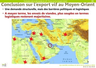 Evolution de la demande en vif : Focus sur le moyen orient
Les marchés mondiaux du lait et de la viande en 2018
30 & 31 mai 2018
Conclusion sur l’export vif au Moyen-Orient
21
• Une demande structurelle, mais des barrières politiques et logistiques
• A moyen terme, les envois de viandes, plus souples en termes
logistiques resteront majoritaires.
 