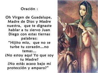 Oración :
Oh Virgen de Guadalupe,
Madre de Dios y Madre
nuestra, que te dignaste
hablar a tu siervo Juan
Diego con estas tiernas
palabras:
“Hijito mío, que no se
turbe tu corazón…no
temas…
¿No estoy aquí Yo que soy
tu Madre?
¿No estás acaso bajo mi
protección y amparo?”

 