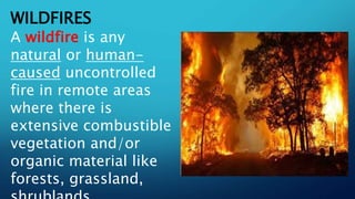 WILDFIRES
A wildfire is any
natural or human-
caused uncontrolled
fire in remote areas
where there is
extensive combustible
vegetation and/or
organic material like
forests, grassland,
 