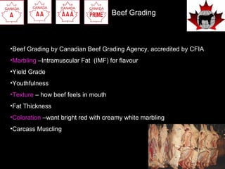 Beef Grading

•Beef Grading by Canadian Beef Grading Agency, accredited by CFIA
•Marbling –Intramuscular Fat (IMF) for flavour
•Yield Grade
•Youthfulness
•Texture – how beef feels in mouth
•Fat Thickness
•Coloration –want bright red with creamy white marbling
•Carcass Muscling

 