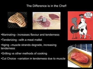 The Difference is in the Chef!

•Marinating– increases flavour and tenderness
•Tenderizing –with a meat mallet
•Aging –muscle strands degrade, increasing
tenderness
•Grilling vs other methods of cooking
•Cut Choice –variation in tenderness due to muscle

 
