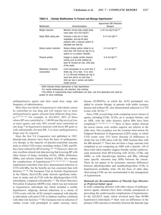 Chobanian et al             JNC 7 – COMPLETE REPORT                 1217


                          TABLE 9.       Lifestyle Modifications To Prevent and Manage Hypertension*
                                                                                            Approximate SBP Reduction
                          Modification                         Recommendation                       (Range)†
                          Weight reduction           Maintain normal body weight (body        5–20 mm Hg/10 kg92,93
                                                     mass index 18.5–24.9 kg/m2).
                          Adopt DASH eating plan     Consume a diet rich in fruits,              8–14 mm Hg94,95
                                                     vegetables, and low-fat dairy
                                                     products with a reduced content of
                                                     saturated and total fat.
                          Dietary sodium reduction   Reduce dietary sodium intake to no           2–8 mm Hg94–96
                                                     more than 100 mmol per day (2.4 g
                                                     sodium or 6 g sodium chloride).
                          Physical activity          Engage in regular aerobic physical           4–9 mm Hg97,98
                                                     activity such as brisk walking (at
                                                     least 30 minutes per day, most days
                                                     of the week).
                          Moderation of alcohol      Limit consumption to no more than 2           2–4 mm Hg99
                          consumption                drinks (eg, 24 oz beer, 10 oz wine,
                                                     or 3 oz 80-proof whiskey) per day in
                                                     most men and to no more than 1
                                                     drink per day in women and lighter-
                                                     weight persons.
                             DASH indicates Dietary Approaches to Stop Hypertension.
                             *For overall cardiovascular risk reduction, stop smoking.
                             †The effects of implementing these modifications are dose- and time-dependent and could be
                          greater for some individuals.

antihypertensive agents and their usual dose range and                      disease (EUROPA), in which the ACEI perindopril was
frequency of administration.                                                added to existent therapy in patients with stable coronary
   More than two-thirds of hypertensive individuals cannot                  disease and without HF, also demonstrated reduction in CVD
be controlled on one drug and will require two or more                      events with ACEIs.114
antihypertensive agents selected from different drug class-                    Since 1998, several large trials comparing newer classes of
es.28,87,101–103 For example, in ALLHAT, 60% of those                       agents, including CCBs, ACEIs, an 1 receptor blocker, and
whose BP was controlled to 140/90 mm Hg received two                        an ARB, with the older diuretics and/or BBs have been
or more agents, and only 30% overall were controlled on                     completed.101,102,109,112,115–118 Most of these studies showed
one drug.28 In hypertensive patients with lower BP goals or                 the newer classes were neither superior nor inferior to the
with substantially elevated BP, 3 or more antihypertensive                  older ones. One exception was the Losartan Intervention for
drugs may be required.                                                      Endpoint Reduction in Hypertension (LIFE) study, in which
   Since the first VA Cooperative trial published in 1967,                  CVD events were 13% lower (because of differences in
thiazide-type diuretics have been the basis of antihyperten-                stroke but not CHD rates) with the ARB losartan than with
sive therapy in the majority of placebo-controlled outcome                  the BB atenolol.102 There has not been a large outcome trial
trials in which CVD events, including strokes, CHD, and HF,                 completed as yet comparing an ARB with a diuretic. All of
have been reduced by BP lowering.104 –108 However, there are                these trials taken together suggest broadly similar cardiovas-
also excellent clinical trial data proving that lowering BP with            cular protection from BP-lowering with ACEIs, CCBs, and
other classes of drugs, including ACEIs, ARBs, -blockers                    ARBs, as with thiazide-type diuretics and BBs, although
(BBs), and calcium channel blockers (CCBs), also reduces                    some specific outcomes may differ between the classes.
the complications of hypertension.90,101,102,107,109 –112 Several           There do not appear to be systematic outcome differences
randomized controlled trials have demonstrated reduction in                 between dihydropyridine and nondihydropyridine CCBs in
CVD with BBs, but the benefits are less consistent than with                hypertension morbidity trials. On the basis of other data,
diuretics.107,108 The European Trial on Systolic Hypertension               short-acting CCBs are not recommended in the management
in the Elderly (Syst-EUR) study showed significant reduc-                   of hypertension.
tions in stroke and all CVD with the dihydropyridine CCB,
nitrendipine, compared with placebo.113 The Heart Outcomes                  Rationale for Recommendation of Thiazide-Type Diuretics
Prevention Evaluation (HOPE) trial, which was not restricted                as Preferred Initial Agent
to hypertensive individuals but which included a sizable                    In trials comparing diuretics with other classes of antihyper-
hypertensive subgroup, showed reductions in a variety of                    tensive agents, diuretics have been virtually unsurpassed in
CVD events with the ACEI ramipril compared with placebo                     preventing the cardiovascular complications of hypertension.
in individuals with prior CVD or diabetes mellitus combined                 In the ALLHAT study, which involved more than 40 000
with other risk factor(s).110 The European trial on reduction of            hypertensive individuals,109 there were no differences in the
cardiac events with perindopril in stable coronary artery                   primary CHD outcome or mortality between the thiazide-type
 
