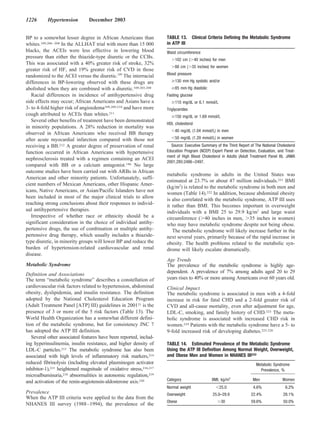 1226       Hypertension         December 2003


BP to a somewhat lesser degree in African Americans than            TABLE 13.        Clinical Criteria Defining the Metabolic Syndrome
whites.109,206 –208 In the ALLHAT trial with more than 15 000       in ATP III
blacks, the ACEIs were less effective in lowering blood             Waist circumference
pressure than either the thiazide-type diuretic or the CCBs.
                                                                         102 cm ( 40 inches) for men
This was associated with a 40% greater risk of stroke, 32%
                                                                         88 cm ( 35 inches) for women
greater risk of HF, and 19% greater risk of CVD in those
                                                                    Blood pressure
randomized to the ACEI versus the diuretic.109 The interracial
differences in BP-lowering observed with these drugs are                 130 mm Hg systolic and/or
abolished when they are combined with a diuretic.109,203,208             85 mm Hg diastolic
   Racial differences in incidence of antihypertensive drug         Fasting glucose
side effects may occur; African Americans and Asians have a              110 mg/dL or 6.1 mmol/L
3- to 4-fold higher risk of angioedema109,209,210 and have more     Triglycerides
cough attributed to ACEIs than whites.211                                150 mg/dL or 1.69 mmol/L
   Several other benefits of treatment have been demonstrated
                                                                    HDL cholesterol
in minority populations. A 28% reduction in mortality was
                                                                         40 mg/dL (1.04 mmol/L) in men
observed in African Americans who received BB therapy
after acute myocardial infarction compared with those not                50 mg/dL (1.29 mmol/L) in women
receiving a BB.212 A greater degree of preservation of renal          Source: Executive Summary of the Third Report of The National Cholesterol
function occurred in African Americans with hypertensive            Education Program (NCEP) Expert Panel on Detection, Evaluation, and Treat-
                                                                    ment of High Blood Cholesterol in Adults (Adult Treatment Panel III). JAMA
nephrosclerosis treated with a regimen containing an ACEI
                                                                    2001;285:2486 –2497.
compared with BB or a calcium antagonist.196 No large
outcome studies have been carried out with ARBs in African
                                                                    metabolic syndrome in adults in the United States was
American and other minority patients. Unfortunately, suffi-
                                                                    estimated at 23.7% or about 47 million individuals.221 BMI
cient numbers of Mexican Americans, other Hispanic Amer-
                                                                    (kg/m2) is related to the metabolic syndrome in both men and
icans, Native Americans, or Asian/Pacific Islanders have not
                                                                    women (Table 14).222 In addition, because abdominal obesity
been included in most of the major clinical trials to allow
                                                                    is also correlated with the metabolic syndrome, ATP III uses
reaching strong conclusions about their responses to individ-       it rather than BMI. This becomes important in overweight
ual antihypertensive therapies.                                     individuals with a BMI 25 to 29.9 kg/m2 and large waist
   Irrespective of whether race or ethnicity should be a            circumference ( 40 inches in men, 35 inches in women)
significant consideration in the choice of individual antihy-       who may have metabolic syndrome despite not being obese.
pertensive drugs, the use of combination or multiple antihy-           The metabolic syndrome will likely increase further in the
pertensive drug therapy, which usually includes a thiazide-         next several years, primarily because of the rapid increase in
type diuretic, in minority groups will lower BP and reduce the      obesity. The health problems related to the metabolic syn-
burden of hypertension-related cardiovascular and renal             drome will likely escalate dramatically.
disease.
                                                                    Age Trends
Metabolic Syndrome                                                  The prevalence of the metabolic syndrome is highly age-
                                                                    dependent. A prevalence of 7% among adults aged 20 to 29
Definition and Associations
The term “metabolic syndrome” describes a constellation of          years rises to 40% or more among Americans over 60 years old.
cardiovascular risk factors related to hypertension, abdominal      Clinical Impact
obesity, dyslipidemia, and insulin resistance. The definition       The metabolic syndrome is associated in men with a 4-fold
adopted by the National Cholesterol Education Program               increase in risk for fatal CHD and a 2-fold greater risk of
(Adult Treatment Panel [ATP] III) guidelines in 200121 is the       CVD and all-cause mortality, even after adjustment for age,
presence of 3 or more of the 5 risk factors (Table 13). The         LDL-C, smoking, and family history of CHD.223 The meta-
World Health Organization has a somewhat different defini-          bolic syndrome is associated with increased CHD risk in
tion of the metabolic syndrome, but for consistency JNC 7           women.224 Patients with the metabolic syndrome have a 5- to
has adopted the ATP III definition.                                 9-fold increased risk of developing diabetes.225,226
   Several other associated features have been reported, includ-
ing hyperinsulinemia, insulin resistance, and higher density of     TABLE 14. Estimated Prevalence of the Metabolic Syndrome
LDL-C particles.213 The metabolic syndrome has also been            Using the ATP III Definition Among Normal Weight, Overweight,
associated with high levels of inflammatory risk markers,214        and Obese Men and Women in NHANES III222
reduced fibrinolysis (including elevated plasminogen activator                                                          Metabolic Syndrome
inhibitor-1),215 heightened magnitude of oxidative stress,216,217                                                         Prevalence, %
microalbuminuria,218 abnormalities in autonomic regulation,219
and activation of the renin-angiotensin-aldosterone axis.220        Category                  BMI, kg/m2              Men              Women
                                                                    Normal weight                  25.0               4.6%               6.2%
Prevalence                                                          Overweight                 25.0–29.9             22.4%              28.1%
When the ATP III criteria were applied to the data from the
                                                                    Obese                            30              59.6%              50.0%
NHANES III survey (1988 –1994), the prevalence of the
 