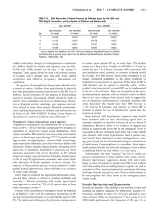 Chobanian et al            JNC 7 – COMPLETE REPORT                    1235


                          TABLE 22. 95th Percentile of Blood Pressure by Selected Ages, by the 50th and
                          75th Height Percentiles, and by Gender in Children and Adolescents
                                                   Girls’ SBP/DBP                                Boys’ SBP/DBP

                                      50th Percentile         75th Percentile        50th Percentile       75th Percentile
                          Age           for Height              for Height             for Height            for Height
                           1              104/58                    105/59              102/57                   104/58
                           6              111/73                    112/73              114/74                   115/75
                          12              123/80                    124/81              123/81                   125/82
                          17              129/84                    130/85              136/87                   138/88
                            Source: Adapted from Update on the 1987 Task Force Report on High Blood Pressure in Children
                          and Adolescents: A working group report from the National High Blood Pressure Education Program.
                          Pediatrics. 1996;98:649 – 658.

children and adults, dosages of antihypertensive medication                     to reduce mean arterial BP by no more than 25% (within
for children should be smaller and adjusted very carefully.                     minutes to 1 hour), then, if stable, to 160/100 to 110 mm Hg
ACEIs and ARBs should not be used if the patient is                             within the next 2 to 6 hours. Excessive falls in pressure that
pregnant. These agents should be used with extreme caution                      may precipitate renal, cerebral, or coronary ischemia should
in sexually active teenage girls and only when careful                          be avoided. For this reason, short-acting nifedipine is no
counseling and effective pregnancy precautions are                              longer considered acceptable in the initial treatment of
established.                                                                    hypertensive emergencies or urgencies. If this level of BP is
   The presence of uncomplicated hypertension should not be                     well tolerated and the patient is clinically stable, further
a reason to restrict children from participating in physical                    gradual reductions toward a normal BP can be implemented
activities, particularly because exercise may lower BP. Use of                  in the next 24 to 48 hours. There are exceptions to the above
anabolic steroid hormones for the purpose of bodybuilding                       recommendation—patients with an ischemic stroke in which
should be strongly discouraged. Efforts should be made to                       there is no clear evidence from clinical trials to support the
identify other modifiable risk factors in children (eg, obesity,                use of immediate antihypertensive treatment, patients with
lack of physical activity, smoking), and vigorous interven-                     aortic dissection who should have their SBP lowered to
tions should be made when present. Detailed recommenda-                            100 mm Hg if tolerated, and patients in whom BP is
tions regarding hypertension in children and adolescents can                    lowered to enable the use of thrombolytic agents (see the
be found in the 1996 NHBPEP Working Group Report on                             section on stroke).
Hypertension Control in Children and Adolescents.311                               Some patients with hypertensive urgencies may benefit
                                                                                from treatment with an oral, short-acting agent such as
Hypertensive Crises: Emergencies and Urgencies                                  captopril, labetalol, or clonidine followed by several hours of
Hypertensive emergencies are characterized by severe eleva-                     observation. However, there is no evidence to suggest that
tions in BP ( 180/120 mm Hg) complicated by evidence of                         failure to aggressively lower BP in the emergency room is
impending or progressive target organ dysfunction. They                         associated with any increased short-term risk to the patient
require immediate BP reduction (not necessarily to normal) to                   who presents with severe hypertension. Such a patient may
prevent or limit target organ damage.312,313 Examples include                   also benefit from adjustment in their antihypertensive ther-
hypertensive encephalopathy, intracerebral hemorrhage,                          apy, particularly the use of combination drugs, or reinstitution
acute myocardial infarction, acute left ventricular failure with                of medications if noncompliance is a problem. Most impor-
pulmonary edema, unstable angina pectoris, dissecting aortic                    tantly, patients should not leave the emergency room without
aneurysm, or eclampsia. Hypertensive urgencies are those                        a confirmed follow-up visit within 1 to a few days.
situations associated with severe elevations in BP without                         Unfortunately, the term “urgency” has led to overly ag-
progressive target organ dysfunction. Examples include upper                    gressive management of many patients with severe, uncom-
levels of stage II hypertension associated with severe head-                    plicated hypertension. Aggressive dosing with intravenous
ache, shortness of breath, epistaxis, or severe anxiety. The                    drugs or even oral agents to rapidly lower BP is not without
majority of these patients present as noncompliant or inade-                    risk. Oral loading doses of antihypertensive agents can lead to
quately treated hypertensives, often with little or no evidence                 cumulative effects causing hypotension, sometimes following
of target organ damage.                                                         discharge from the emergency room. Patients who continue to
   Early triage to establish the appropriate therapeutic strate-                be noncompliant will often return to the emergency room
gies for these patients is critical to limiting morbidity and                   within weeks.
mortality.314 Patients presenting with severe hypertension
may represent as much as 25% of all patient visits to busy                      Erectile Dysfunction and Hypertension
urban emergency rooms.315                                                       Erectile dysfunction (ED), defined as the inability to have and
   Patients with a hypertensive emergency should be admitted                    maintain an erection adequate for intercourse, becomes in-
to an Intensive Care Unit for continuous monitoring of BP                       creasingly common in men over 50 years old and is even
and parenteral administration of an appropriate agent (Table                    more common if they are hypertensive.316 In a survey of over
23). The initial goal of therapy in hypertensive emergencies is                 3000 health professionals, the frequency of ED was 4% in
 