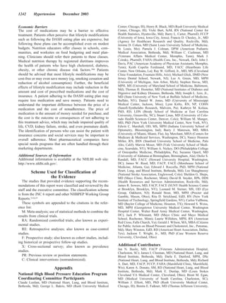 1242      Hypertension         December 2003


Economic Barriers                                                 Center, Chicago, Ill); Henry R. Black, MD (Rush University Medical
The cost of medications may be a barrier to effective             Center, Chicago, Ill); Vicki Burt, ScM, RN (National Center for
treatment. Patients often perceive that lifestyle modifications   Health Statistics, Hyattsville, Md); Barry L. Carter, PharmD, FCCP
                                                                  (University of Iowa, Iowa City, Iowa); Francis D. Chesley, Jr., MD
such as following the DASH eating plan are expensive, but
                                                                  (Agency for Healthcare Research and Quality, Rockville, Md);
following these plans can be accomplished even on modest          Jerome D. Cohen, MD (Saint Louis University School of Medicine,
budgets. Nutrition educators offer classes in schools, com-       St. Louis, Mo); Pamela J. Colman, DPM (American Podiatric
munities, and worksites on food budgeting and meal plan-          Medical Association, Bethesda, Md); William C. Cushman, MD
ning. Clinicians should refer their patients to these classes.    (Veterans Affairs Medical Center, Memphis, Tenn); Mark J.
Medical nutrition therapy by registered dietitians improves       Cziraky, PharmD, FAHA (Health Core, Inc., Newark, Del); John J.
                                                                  Davis, PAC (American Academy of Physician Assistants, Memphis,
the health of patients who have high cholesterol, diabetes,       Tenn); Keith Copelin Ferdinand, MD, FACC (Heartbeats Life
obesity, or other chronic disease risk factors.386 Patients       Center, New Orleans, La); Ray W. Gifford, Jr., MD, MS (Cleveland
should be advised that most lifestyle modifications may be        Clinic Foundation, Fountain Hills, Ariz); Michael Glick, DMD (New
cost-free or may even save money (eg, smoking cessation and       Jersey Dental School, Newark, NJ); Lee A. Green, MD, MPH
reduction of alcohol consumption). Further, the beneficial        (University of Michigan, Ann Arbor, Mich); Stephen Havas, MD,
                                                                  MPH, MS (University of Maryland School of Medicine, Baltimore,
effects of lifestyle modification may include reduction in the
                                                                  Md); Thomas H. Hostetter, MD (National Institutes of Diabetes and
amount and cost of prescribed medications and the cost of         Digestive and Kidney Diseases, Bethesda, Md); Joseph L. Izzo, Jr.,
insurance. A patient adhering to the DASH eating plan may         MD (State University of New York at Buffalo School of Medicine,
require less medication and save money. Patients need to          Buffalo, NY); Daniel W. Jones, MD (University of Mississippi
understand the important difference between the price of a        Medical Center, Jackson, Miss); Lynn Kirby, RN, NP, COHN
medication and the cost of nonadherence. The price of             (Sanofi-Synthelabo Research, Malvern, Pa); Kathryn M. Kolasa,
                                                                  PhD, RD, LDN (Brody School of Medicine at East Carolina
medication is the amount of money needed for purchase, and        University, Greenville, NC); Stuart Linas, MD (University of Colo-
the cost is the outcome or consequences of not adhering to        rado Health Sciences Center, Denver, Colo); William M. Manger,
this treatment advice, which may include impaired quality of      MD, PhD (New York University Medical Center, New York, NY);
life, CVD, kidney failure, stroke, and even premature death.      Edwin C. Marshall, OD, MS, MPH (Indiana University School of
The identification of persons who can assist the patient with     Optometry, Bloomington, Ind); Barry J. Materson, MD, MBA
insurance concerns and social services may be important to        (University of Miami, Miami, Fla); Jay Merchant, MHA (Centers for
                                                                  Medicare & Medicaid Services, Washington, DC); Nancy Houston
overall adherence. Most pharmaceutical companies have             Miller, RN, BSN (Stanford University School of Medicine, Palo
special needs programs that are often handled through their       Alto, Calif); Marvin Moser, MD (Yale University School of Medi-
marketing departments.                                            cine, Scarsdale, NY); William A. Nickey, DO (Philadelphia College
                                                                  of Osteopathic Medicine, Philadelphia, Pa); Suzanne Oparil, MD
Additional Sources of Information                                 (University of Alabama at Birmingham, Birmingham, Ala); Otelio S.
Additional information is available at the NHLBI web site:        Randall, MD, FACC (Howard University Hospital, Washington,
http://www.nhlbi.nih.gov/.                                        DC); James W. Reed, MD, FACP, FACE (Morehouse School of
                                                                  Medicine, Atlanta, Ga); Edward J. Roccella, PhD, MPH (National
                                                                  Heart, Lung, and Blood Institute, Bethesda, Md); Lee Shaughnessy
        Scheme Used for Classification of                         (National Stroke Association, Englewood, Colo); Sheldon G. Sheps,
                the Evidence                                      MD (Mayo Clinic, Rochester, Minn); David B. Snyder, RPh, DDS
   The studies that provided evidence supporting the recom-       (Health Resources and Services Administration, Rockville, Md);
mendations of this report were classified and reviewed by the     James R. Sowers, MD, FACP, FACE (SUNY Health Science Center
staff and the executive committee. The classification scheme      at Brooklyn, Brooklyn, NY); Leonard M. Steiner, MS, OD (Eye
is from the JNC 6 report and other NHBPEP Working Group           Group, Oakhurst, NJ); Ronald Stout, MD, MPH (Procter and
                                                                  Gamble, Mason, Ohio); Rita D. Strickland, EdD, RN (New York
Reports.3,4,6,9                                                   Institute of Technology, Springfield Gardens, NY); Carlos Vallbona,
   These symbols are appended to the citations in the refer-      MD (Baylor College of Medicine, Houston, TX); Howard S. Weiss,
ence list:                                                        MD, MPH (Georgetown University Medical Center, Washington
   M: Meta-analysis; use of statistical methods to combine the    Hospital Center, Walter Reed Army Medical Center, Washington,
results from clinical trials.                                     DC); Jack P. Whisnant, MD (Mayo Clinic and Mayo Medical
                                                                  School, Rochester, Minn); Laurie Willshire, MPH, RN (American
   RA: Randomized controlled trials; also known as experi-
                                                                  Red Cross, Falls Church, Va); Gerald J. Wilson, MA, MBA (Citizens
mental studies.                                                   for Public Action on Blood Pressure and Cholesterol, Inc., Potomac,
   RE: Retrospective analyses; also known as case-control         Md); Mary Winston, EdD, RD (American Heart Association, Dallas,
studies.                                                          Tex); Jackson T. Wright, Jr., MD, PhD (Case Western Reserve
   F: Prospective study; also known as cohort studies, includ-    University, Cleveland, Ohio)
ing historical or prospective follow-up studies.
   X: Cross-sectional survey; also known as prevalence            Additional Contributors
                                                                  Jan N. Basile, MD, FACP (Veterans Administration Hospital,
studies.
                                                                  Charleston, SC); James I. Cleeman, MD (National Heart, Lung, and
   PR: Previous review or position statements.                    Blood Institute, Bethesda, Md); Darla E. Danford, MPH, DSc
   C: Clinical interventions (nonrandomized).                     (National Heart, Lung, and Blood Institute, Bethesda, Md); Richard
                                                                  A. Dart, MD, FACP, FCCP, FAHA (Marshfield Clinic, Marshfield,
                         Appendix                                 Wis); Karen A. Donato, SM, RD (National Heart, Lung, and Blood
                                                                  Institute, Bethesda, Md); Mark E. Dunlap, MD (Louis Stokes
National High Blood Pressure Education Program                    Cleveland VA Medical Center, Cleveland, Ohio); Brent M. Egan,
Coordinating Committee Participants                               MD (Medical University of South Carolina, Charleston, SC);
Claude Lenfant, MD (National Heart, Lung, and Blood Institute,    William J. Elliott, MD, PhD (Rush University Medical Center,
Bethesda, Md); George L. Bakris, MD (Rush University Medical      Chicago, Ill); Bonita E. Falkner, MD (Thomas Jefferson University,
 