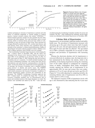 Chobanian et al        JNC 7 – COMPLETE REPORT                        1209


                                                                                                   Figure 8. Residual lifetime risk of hyper-
                                                                                                   tension in women and men aged 65
                                                                                                   years. Cumulative incidence of hyperten-
                                                                                                   sion in 65-year-old women and men.
                                                                                                   Data for 65-year-old men in the 1952 to
                                                                                                   1975 period are truncated at 15 years
                                                                                                   since there were few participants in this
                                                                                                   age category who were followed up
                                                                                                   beyond this time interval. Source: JAMA
                                                                                                   2002;287:1003–1010. Copyright 2002,
                                                                                                   American Medical Association. All rights
                                                                                                   reserved.


evidence pertaining to outcomes of importance to patients and with         circulated among the Coordinating Committee members for review and
effects of sufficient magnitude to warrant changes in medical              comment. The JNC 7 chair synthesized the comments, and the longer
practice (“patient oriented evidence that matters” [POEMs]).12,13          version was submitted to the journal Hypertension in November, 2003.
Patient-oriented outcomes include not only mortality but also other
outcomes that affect patients’ lives and well-being, such as sexual                    Lifetime Risk of Hypertension
function, ability to maintain family and social roles, ability to work,    Hypertension is an increasingly important medical and public
and ability to carry out activities of daily living. These outcomes are
                                                                           health issue. The prevalence of hypertension increases with
strongly affected by nonfatal stroke, HF, coronary heart disease, and
renal disease; hence, these outcomes were considered along with            advancing age to the point where more than half of people
mortality in the committee’s evidence-based deliberations. Studies of      aged 60 to 69 years old and approximately three-fourths of
physiological end points (disease-oriented evidence [DOEs]) were           those aged 70 years and older are affected.1 The age-related
used to address questions where POEMs were not available.                  rise in SBP is primarily responsible for an increase in both
   The Coordinating Committee began the process of developing the          incidence and prevalence of hypertension with increasing
JNC 7 Express report in December 2002, and the report was
                                                                           age.15
submitted to the Journal of the American Medical Association in
April 2003. It was published in an electronic format on May 14,               Whereas the short-term absolute risk for hypertension is
2003, and in print on May 21, 2003. During this time, the Executive        conveyed effectively by incidence rates, the long-term risk is
Committee met on 6 occasions, 2 of which included meetings with            best summarized by the lifetime risk statistic, which is the
the entire Coordinating Committee. The writing teams also met by           probability of developing hypertension during the remaining
teleconference and used electronic communications to develop the           years of life (either adjusted or unadjusted for competing
report. Twenty-four drafts were created and reviewed repeatedly. At
its meetings, the Executive Committee used a modified nominal              causes of death). Framingham Heart Study investigators
group process14 to identify and resolve issues. The NHBPEP                 recently reported the lifetime risk of hypertension to be
Coordinating Committee reviewed the penultimate draft and pro-             approximately 90% for men and women who were nonhy-
vided written comments to the Executive Committee. In addition, 33         pertensive at 55 or 65 years old and survived to age 80 to 85
national hypertension leaders reviewed and commented on the                (Figure 8).16 Even after adjusting for competing mortality, the
document. The NHBPEP Coordinating Committee approved the
                                                                           remaining lifetime risks of hypertension were 86 to 90% in
JNC 7 Express report. To complete the longer JNC 7 version, the
Executive Committee members met via teleconferences and in                 women and 81 to 83% in men.
person and circulated sections of the larger document via e-mail. The         The impressive increase of BP to hypertensive levels with
sections were assembled and edited by the JNC 7 chair and were             age is also illustrated by data indicating that the 4-year rates




                                                                                                   Figure 9. Ischemic heart disease (IHD)
                                                                                                   mortality rate in each decade of age ver-
                                                                                                   sus usual blood pressure at the start of
                                                                                                   that decade. Source: Reprinted with per-
                                                                                                   mission from Elsevier (The Lancet,
                                                                                                   2002;360:1903–1913).
 