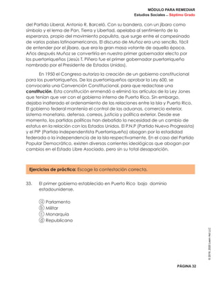 MÓDULO PARA REMEDIAR
Estudios Sociales _ Séptimo Grado
PÁGINA 32
del Partido Liberal, Antonio R. Barceló. Con su bandera, con un jíbaro como
símbolo y el lema de Pan, Tierra y Libertad, apelaba al sentimiento de la
esperanza, propio del movimiento populista, que surge entre el campesinado
de varios países latinoamericanos. El discurso de Muñoz era uno sencillo, fácil
de entender por el jíbaro, que era la gran masa votante de aquella época.
Años después Muñoz se convertiría en nuestro primer gobernador electo por
los puertorriqueños (Jesús T. Piñero fue el primer gobernador puertorriqueño
nombrado por el Presidente de Estados Unidos).
En 1950 el Congreso autorizo la creación de un gobierno constitucional
para los puertorriqueños. De los puertorriqueños aprobar la Ley 600, se
convocaría una Convención Constitucional, para que redactase una
constitución. Esta constitución enmendó o eliminó los artículos de la Ley Jones
que tenían que ver con el gobierno interno de Puerto Rico. Sin embargo,
dejaba inalterado el ordenamiento de las relaciones entre la Isla y Puerto Rico.
El gobierno federal mantenía el control de las aduanas, comercio exterior,
sistema monetario, defensa, correos, justicia y política exterior. Desde ese
momento, los partidos políticos han debatido la necesidad de un cambio de
estatus en la relación con los Estados Unidos. El P.N.P (Partido Nuevo Progresista)
y el PIP (Partido Independentista Puertorriqueño) abogan por la estadidad
federada o la independencia de la Isla respectivamente. En el caso del Partido
Popular Democrático, existen diversas corrientes ideológicas que abogan por
cambios en el Estado Libre Asociado, pero sin su total desaparición.
Ejercicios de práctica: Escoge la contestación correcta.
33. 	El primer gobierno establecido en Puerto Rico bajo dominio
estadounidense.
a Parlamento
b Militar
c Monarquía
d Republicano
©2019,2020LearnAidLLC
 