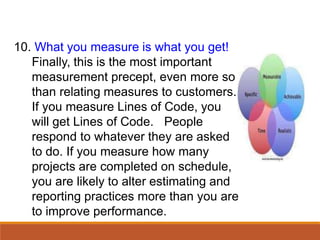 10. What you measure is what you get!
Finally, this is the most important
measurement precept, even more so
than relating measures to customers.
If you measure Lines of Code, you
will get Lines of Code. People
respond to whatever they are asked
to do. If you measure how many
projects are completed on schedule,
you are likely to alter estimating and
reporting practices more than you are
to improve performance.
 