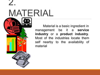 2.
MATERIAL
Material is a basic ingredient in
management be it a
industry or a product
service
industry.
Most of the industries locate them
self nearby to the availability of
material
 