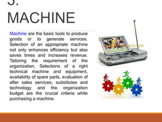 3.
MACHINE
Machine are the basic tools to produce
goods or to generate services.
Selection of an appropriate machine
not only enhances efficiency but also
saves times and increases revenue.
Tailoring the requirement of the
organization, Selections of a right
technical machine and equipment,
availability of spare parts, evaluation of
after sales services, substitutes and
technology and the organization
budget are the crucial criteria while
purchasing a machine.
 