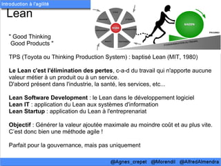 Lean
" Good Thinking
 Good Products "

TPS (Toyota ou Thinking Production System) : baptisé Lean (MIT, 1980)

Le Lean c'est l'élimination des pertes, c-a-d du travail qui n'apporte aucune
valeur métier à un produit ou à un service.
D'abord présent dans l'industrie, la santé, les services, etc...

Lean Software Development : le Lean dans le développement logiciel
Lean IT : application du Lean aux systèmes d'information
Lean Startup : application du Lean à l'entreprenariat

Objectif : Générer la valeur ajoutée maximale au moindre coût et au plus vite.
C’est donc bien une méthode agile !

Parfait pour la gouvernance, mais pas uniquement
 