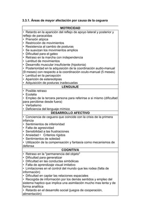 3.3.1. Áreas de mayor afectación por causa de la ceguera
MOTRICIDAD
• Retardo en la aparición del reflejo de apoyo lateral y posterior y
reflejo de paracaídas
• Prensión atípica
• Restricción de movimientos
• Resistencia al cambio de posturas
• Se suavizan los movimientos amplios
• Dificultad para el gateo
• Retraso en la marcha con independencia
• Lentitud de movimientos
• Desarrollo muscular insuficiente (hipotonia)
• Posterioridad en la adquisición de la coordinación audio-manual
(9 meses) con respecto a la coordinación oculo-manual (5 meses)
• Lentitud en la percepción
• Aparición de estereotipias
• Adquisición de posturas inadecuadas
LENGUAJE
• Posible retraso
• Ecolalia
• Empleo de la tercera persona para referirse a si mismo (dificultad
para percibirse desde fuera)
• Verbalismo
• Deficiencia del lenguaje mímico
DESARROLLO AFECTIVO
• Conciencia de ceguera que coincide con la crisis de la primera
infancia
• Sentimientos de inferioridad
• Falta de agresividad
• Sensibilidad a las frustraciones
• Ansiedad • Criterios rígidos
• Sentimientos de soledad
• Utilización de la compensación y fantasía como mecanismos de
defensa
COGNITIVA
• Retraso en la "permanencia del objeto"
• Dificultad para generalizar
• Dificultad en las conductas simbólicas
• Falta de aprendizaje visual imitativo
• Limitaciones en el control del mundo que les rodea (falta de
información)
• Dificultad en captar las relaciones espaciales
• Recogida de información por los demás sentidos y empleo del
sistema haptico que implica una asimilación mucho mas lenta y de
forma analítica
• Retardo en el desarrollo social (juegos de cooperación,
alimentación)
 
