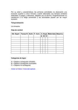 Por su edad y características, las primeras actividades no alcanzarán una
duración superior a cinco minutos y serán alternadas con tiempos similares
dedicados a juegos y descanso, elegidos por el alumno. Progresivamente su
resistencia a la fatiga aumentará y las actividades podrán ser de mayor
duración.
Temporalización
Un trimestre.
Hoja de control
Ob. Espcf. Tareas R. Activ. F. Com. F. Final Materiales Observa.
A B C
Categorías de logro
A = Objetivo conseguido completo.
B = Objetivo conseguido incompleto.
C = Objetivo no conseguido.
Volver al Indice / Inicio del capitulo
 