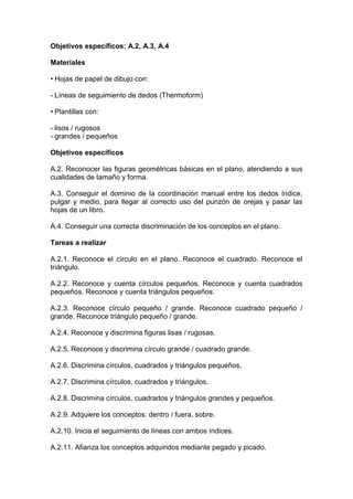 Objetivos específicos: A.2, A.3, A.4
Materiales
• Hojas de papel de dibujo con:
- Líneas de seguimiento de dedos (Thermoform)
• Plantillas con:
- lisos / rugosos
- grandes / pequeños
Objetivos específicos
A.2. Reconocer las figuras geométricas básicas en el plano, atendiendo a sus
cualidades de tamaño y forma.
A.3. Conseguir el dominio de la coordinación manual entre los dedos índice,
pulgar y medio, para llegar al correcto uso del punzón de orejas y pasar las
hojas de un libro.
A.4. Conseguir una correcta discriminación de los conceptos en el plano.
Tareas a realizar
A.2.1. Reconoce el círculo en el plano. Reconoce el cuadrado. Reconoce el
triángulo.
A.2.2. Reconoce y cuenta círculos pequeños. Reconoce y cuenta cuadrados
pequeños. Reconoce y cuenta triángulos pequeños.
A.2.3. Reconoce círculo pequeño / grande. Reconoce cuadrado pequeño /
grande. Reconoce triángulo pequeño / grande.
A.2.4. Reconoce y discrimina figuras lisas / rugosas.
A.2.5. Reconoce y discrimina círculo grande / cuadrado grande.
A.2.6. Discrimina círculos, cuadrados y triángulos pequeños.
A.2.7. Discrimina círculos, cuadrados y triángulos.
A.2.8. Discrimina círculos, cuadrados y triángulos grandes y pequeños.
A.2.9. Adquiere los conceptos: dentro / fuera, sobre.
A.2.10. Inicia el seguimiento de líneas con ambos índices.
A.2.11. Afianza los conceptos adquiridos mediante pegado y picado.
 