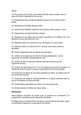 figuras.
18. Pone pinzas en un cartón, por presión del dedo índice y pulgar sobre la
base de la pinza, colocando al menos diez.
19. Deshilachará trozos de tela de distintas texturas con los dedos índice y
pulgar.
20. Mondará con los dedos distintas frutas.
21. Desmenuzará distintos materiales con los dedos índice, pulgar y medio.
22. Pegará trozos de papel formando collages.
23. Rasgará con los dedos tiras de papel marcadas por el profesor (con una
distancia mínima entre ellos de 2 cm).
24. Realizará, dada una cuerda de 30 cm, de longitud, un nudo simple.
25. Realizará, dado un cordón de 50 cm, de largo, tres nudos sucesivos,
apartados.
26. Cortará papel libremente con tijeras de punta plana.
27. Cortará con las tijeras por el interior de líneas paralelas de 1 cm de
separación sin tocarlas y separándolas en tiras.
28. Cortará un folio con tijeras en diversas tiras que no tienen que ser
igualmente anchas.
29. Cortará con tijeras flecos de 10 cm de longitud previamente marcados, no
rebosando el límite superior aunque no siga fielmente las líneas trazadas.
30. Cortará por el interior de una línea quebrada en relieve, sin salirse más de
tres veces del recorrido.
31. Enhebrará con macarrón alternativamente en un tablex perforado sobre el
que se ha dibujado una figura sencilla.
32. Cortará figuras geométricas en relieve con línea recta ancha.
33. Cortará siluetas en relieve con líneas rectas.
Metodología
Estos objetivos marcados se prevén para un trimestre en lo referente a la
programación específica para la adquisición del Braille.
El trabajo de los conceptos dentro del plano se desarrolla en tres fases, según
una dificultad progresiva en la percepción de relieves:
 