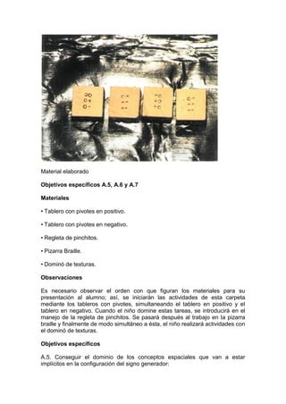 Material elaborado
Objetivos específicos A.5, A.6 y A.7
Materiales
• Tablero con pivotes en positivo.
• Tablero con pivotes en negativo.
• Regleta de pinchitos.
• Pizarra Braille.
• Dominó de texturas.
Observaciones
Es necesario observar el orden con que figuran los materiales para su
presentación al alumno; así, se iniciarán las actividades de esta carpeta
mediante los tableros con pivotes, simultaneando el tablero en positivo y el
tablero en negativo. Cuando el niño domine estas tareas, se introducirá en el
manejo de la regleta de pinchitos. Se pasará después al trabajo en la pizarra
braille y finalmente de modo simultáneo a ésta, el niño realizará actividades con
el dominó de texturas.
Objetivos específicos
A.5. Conseguir el dominio de los conceptos espaciales que van a estar
implícitos en la configuración del signo generador:
 