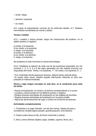 • arriba / abajo
• derecha / izquierda
• en medio
A.6. Lograr la interpretación correcta de los estímulos táctiles. A.7. Realizar
movimientos coordinados de manos y dedos.
Tareas a realizar
A.5.1. Localiza y coloca pivotes, según las indicaciones del profesor, en el
tablero positivo o negativo:
a) arriba, a la izquierda
b) en medio, a la izquierda
c) abajo, a la izquierda
d) arriba, a la derecha
e) en medio, a la derecha
f) abajo, a la derecha
Se empleará en todo momento la misma terminología.
A.5.2. Establece la relación de cada una de las posiciones espaciales con los
números 1, 2, 3, 4, 5 y 6 del signo generador (el niño deberá enunciar sus
respuestas del modo: "arriba, a la izquierda, 1", "en medio, a la izquierda, 2"...)
• Con materiales donde aparezcan texturas, deberá indicar además éstas.
• Si posee resto visual, añadirá aquella información referente al color que
presente el material empleado.
Nunca y bajo ningún concepto en esta fase, se le nombrarán para nada
las letras.
• Asocia la localización, el número y la textura correspondiente a un punto.
• Localiza y coloca pivotes en los tableros positivo y negativo.
• Realiza diversas actividades de localización en las regletas de pinchitos.
• Realiza diversas actividades de localización en la pizarra braille.
• Aplica las denominaciones de lugar y número en el dominó de texturas.
Actividades complementarias
1. Transporta a un lugar indicado, con las dos manos, objetos de peso y
consistencia variable (ligero-pesado, grande-pequeño, duro-blando).
2. Coloca cuatro tacos en fila, de forma horizontal y vertical.
3. Abre y cierra distintos objetos (cajas, botellas, cajones, libros, etc.)
 