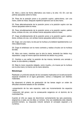 23. Abre y cierra de forma alternativa una mano y la otra: I-D, D-I, con las
palmas apoyadas sobre la mesa.
24. Pasa de la posición prono a la posición supino: palma-dorso, con una
mano, sobre la mesa. Después repetirá el ejercicio con la otra mano.
25. Pasa alternativamente de la posición prono a la posición supino con las
manos apoyadas sobre la mesa.
26. Pasa simultáneamente de la posición prono a la posición supino: palma-
dorso, ambas a la vez, con ambas manos apoyadas sobre la mesa.
27. Coge simultáneamente dé la posición prono a la posición supino: palma-
dorso, ambas a la vez, con ambas manos apoyadas sobre la mesa.
28. Coge, con una mano, la otra por la muñeca y la doblará repetidamente a un
ritmo determinado.
29. Coge el antebrazo con la mano contraria y realiza círculos con la muñeca
de éste.
30. Abre una mano, mientras que la otra la cierra, teniendo los dedos muy
separados. Luego el mismo ejercicio teniendo los dedos muy juntos.
31. Cambia a una señal, la posición de las manos; teniendo una cerrada y
tensa, la otra abierta y relajada.
32. Deja la mano izquierda relajada, como muerta, y la mueve por la muñeca
con la otra mano; lo mismo con la mano derecha.
Metodología
Realizado un profundo estudio de los conceptos implicados en la estructuración
espacial existente en el signo generador, vamos a trabajarlos con distintos
materiales.
Se observará el criterio de graduación de las tareas según un orden de
dificultad creciente basado en las variables:
• presentación de los seis espacios, cada vez incrementando los espacios
vacíos
• reducción del grosor, con la consecuente exigencia en el dominio de la
motricidad fina.
Cuando el niño es capaz de discriminar correctamente las seis posiciones,
asignamos a cada una de ellas un número. Una vez establecida esta relación
posición-número, su respuesta incluirá siempre el concepto espacial y el
numérico.
 