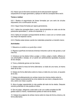 A.9. Hacer que el niño tome conciencia de la estructuración espacial
subyacente en el signo generador y aplique en ella los conceptos lleno-vacío.
Tareas a realizar
A.8.1. Realiza el seguimiento de líneas formadas por una serie de círculos
dispuestos uno a continuación de otro.
A.8.2. Sigue líneas formadas por signos generadores.
A.9.1. Aplica los conceptos lleno y vacío, discriminándolos en cada una de las
posiciones aprendidas (1, arriba a la izquierda, 2...)
A.9.2. Aplica el concepto correspondiente de lleno o vacío con un número cada
vez mayor de espacios vacíos.
A.9.3. Realiza estas tareas cuando los materiales presentan un tamaño menor.
Actividades
1. Retuerce un cordón a un punto fijo o móvil.
2. Repasa superficies de texturas diversas indicando cuál es más gruesa y cual
más fina.
3. Introduce con los dedos índice y pulgar, o índice, pulgar y medio, alfileres en
una almohadilla o clavijas, en un panel con perforaciones ajustadas al grueso
de las clavijas.
4. Toma y distiende gomas con las manos.
5. Golpea sobre la mesa de forma alternativa: un dedo de una mano, el mismo
dedo de la otra.
6. Golpea de forma alternativa sobre la mesa un dedo de una mano, el opuesto
de la otra.
7. Golpea simultáneamente con ambas manos los mismos dedos sobre la
mesa. Golpea sucesivamente los cinco dedos de una mano y después de la
otra, sobre una mesa o pupitre.
8. Abre el pulgar separándolo lo más posible del resto de los dedos. Después
cerrarlo juntándolo lo más posible al índice.
9. Gira el pulgar, obligando a este dedo a dar una vuelta completa de 360
grados sobre sí mismo, manteniendo quietos el resto de los dedos.
10. Golpea los pulgares de ambas manos sobre la mesa de forma unísona y de
forma alternativa.
 