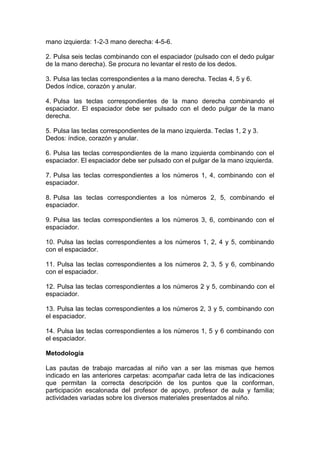 mano izquierda: 1-2-3 mano derecha: 4-5-6.
2. Pulsa seis teclas combinando con el espaciador (pulsado con el dedo pulgar
de la mano derecha). Se procura no levantar el resto de los dedos.
3. Pulsa las teclas correspondientes a la mano derecha. Teclas 4, 5 y 6.
Dedos índice, corazón y anular.
4. Pulsa las teclas correspondientes de la mano derecha combinando el
espaciador. El espaciador debe ser pulsado con el dedo pulgar de la mano
derecha.
5. Pulsa las teclas correspondientes de la mano izquierda. Teclas 1, 2 y 3.
Dedos: índice, corazón y anular.
6. Pulsa las teclas correspondientes de la mano izquierda combinando con el
espaciador. El espaciador debe ser pulsado con el pulgar de la mano izquierda.
7. Pulsa las teclas correspondientes a los números 1, 4, combinando con el
espaciador.
8. Pulsa las teclas correspondientes a los números 2, 5, combinando el
espaciador.
9. Pulsa las teclas correspondientes a los números 3, 6, combinando con el
espaciador.
10. Pulsa las teclas correspondientes a los números 1, 2, 4 y 5, combinando
con el espaciador.
11. Pulsa las teclas correspondientes a los números 2, 3, 5 y 6, combinando
con el espaciador.
12. Pulsa las teclas correspondientes a los números 2 y 5, combinando con el
espaciador.
13. Pulsa las teclas correspondientes a los números 2, 3 y 5, combinando con
el espaciador.
14. Pulsa las teclas correspondientes a los números 1, 5 y 6 combinando con
el espaciador.
Metodología
Las pautas de trabajo marcadas al niño van a ser las mismas que hemos
indicado en las anteriores carpetas: acompañar cada letra de las indicaciones
que permitan la correcta descripción de los puntos que la conforman,
participación escalonada del profesor de apoyo, profesor de aula y familia;
actividades variadas sobre los diversos materiales presentados al niño.
 