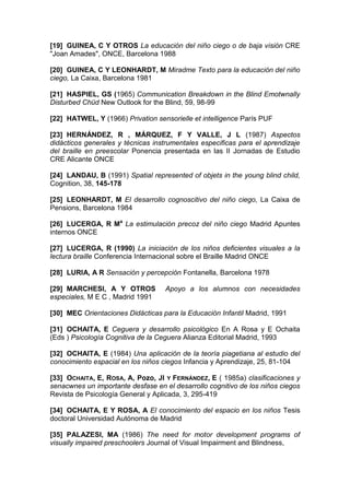 [19] GUINEA, C Y OTROS La educación del niño ciego o de baja visión CRE
"Joan Amades", ONCE, Barcelona 1988
[20] GUINEA, C Y LEONHARDT, M Miradme Texto para la educación del niño
ciego, La Caixa, Barcelona 1981
[21] HASPIEL, GS (1965) Communication Breakdown in the Blind Emotwnally
Disturbed Chüd New Outlook for the Blind, 59, 98-99
[22] HATWEL, Y (1966) Privation sensorielle et intelligence París PUF
[23] HERNÁNDEZ, R , MÁRQUEZ, F Y VALLE, J L (1987) Aspectos
didácticos generales y técnicas instrumentales especificas para el aprendizaje
del braille en preescolar Ponencia presentada en las II Jornadas de Estudio
CRE Alicante ONCE
[24] LANDAU, B (1991) Spatial represented of objets in the young blind child,
Cognition, 38, 145-178
[25] LEONHARDT, M El desarrollo cognoscitivo del niño ciego, La Caixa de
Pensions, Barcelona 1984
[26] LUCERGA, R Ma
La estimulación precoz del niño ciego Madrid Apuntes
internos ONCE
[27] LUCERGA, R (1990) La iniciación de los niños deficientes visuales a la
lectura braille Conferencia Internacional sobre el Braille Madrid ONCE
[28] LURIA, A R Sensación y percepción Fontanella, Barcelona 1978
[29] MARCHESI, A Y OTROS Apoyo a los alumnos con necesidades
especiales, M E C , Madrid 1991
[30] MEC Orientaciones Didácticas para la Educación Infantil Madrid, 1991
[31] OCHAITA, E Ceguera y desarrollo psicológico En A Rosa y E Ochaita
(Eds ) Psicología Cognitiva de la Ceguera Alianza Editorial Madrid, 1993
[32] OCHAITA, E (1984) Una aplicación de la teoría piagetiana al estudio del
conocimiento espacial en los niños ciegos Infancia y Aprendizaje, 25, 81-104
[33] OCHAITA, E, ROSA, A, Pozo, JI Y FERNÁNDEZ, E ( 1985a) clasificaciones y
senacwnes un importante desfase en el desarrollo cognitivo de los niños ciegos
Revista de Psicología General y Aplicada, 3, 295-419
[34] OCHAITA, E Y ROSA, A El conocimiento del espacio en los niños Tesis
doctoral Universidad Autónoma de Madrid
[35] PALAZESI, MA (1986) The need for motor development programs of
visually impaired preschoolers Journal of Visual Impairment and Blindness,
 