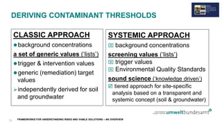 FRAMEWORKS FOR UNDERSTANDING RISKS AND VIABLE SOLUTIONS – AN OVERVIEW
DERIVING CONTAMINANT THRESHOLDS
CLASSIC APPROACH
background concentrations
a set of generic values (‘lists’)
trigger & intervention values
generic (remediation) target
values
independently derived for soil
and groundwater
SYSTEMIC APPROACH
 background concentrations
screening values (‘lists’)
 trigger values
 Environmental Quality Standards
sound science (‘knowledge driven’)
 tiered approach for site-specific
analysis based on a transparent and
systemic concept (soil & groundwater)
13
 