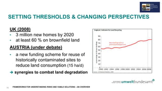 FRAMEWORKS FOR UNDERSTANDING RISKS AND VIABLE SOLUTIONS – AN OVERVIEW
SETTING THRESHOLDS & CHANGING PERSPECTIVES
UK (2008)
• 3 million new homes by 2020
• at least 60 % on brownfield land
AUSTRIA (under debate)
• a new funding scheme for reuse of
historically contaminated sites to
reduce land consumption (15 ha/d)
 synergies to combat land degradation
16
 