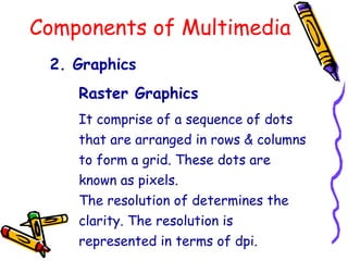 Components of Multimedia
2. Graphics
It comprise of a sequence of dots
that are arranged in rows & columns
to form a grid. These dots are
known as pixels.
The resolution of determines the
clarity. The resolution is
represented in terms of dpi.
Raster Graphics
 