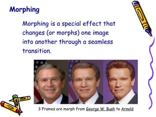 Morphing
Morphing is a special effect that
changes (or morphs) one image
into another through a seamless
transition.
3 Frames are morph from George W. Bush to Arnold
 