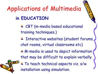 Applications of Multimedia
in EDUCATION
CBT (m-media based educational
training techniques.)
Interactive websites (student forums,
chat rooms, virtual classrooms etc)
M-media is used to depict information
that may be difficult to explain verbally.
To teach technical aspects viz. s/w
installation using simulation.
 