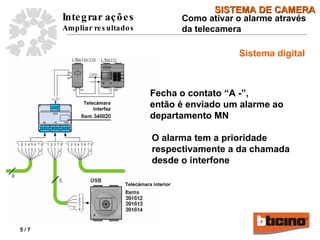Sistema digital Fecha o contato “A -”,  então é enviado um alarme ao  departamento MN  O alarma tem a prioridade respectivamente a da chamada desde o interfone  Telecámara  interfaz Telec á mara interior Como ativar o alarme através da telecamera 