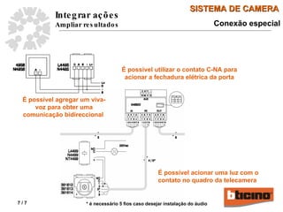 É possível utilizar o contato C-NA para acionar a fechadura elétrica da porta É possível agregar um viva-voz para obter uma comunicação bidireccional  * é necessário 5 fios caso desejar instalação do áudio Conexão especial É possível acionar uma luz com o contato no quadro da telecamera 
