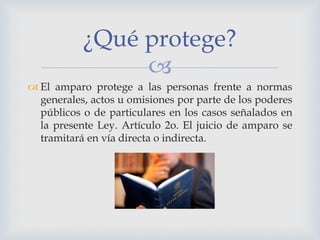 
 El amparo protege a las personas frente a normas
generales, actos u omisiones por parte de los poderes
públicos o de particulares en los casos señalados en
la presente Ley. Artículo 2o. El juicio de amparo se
tramitará en vía directa o indirecta.
¿Qué protege?
 