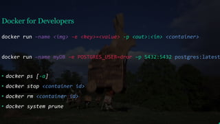 Docker for Developers
docker run –name <img> -e <key>=<value> -p <out>:<in> <container>
docker run –name myDB –e POSTGRES_USER=dror –p 5432:5432 postgres:latest
• docker ps [-a]
• docker stop <container id>
• docker rm <container id>
• docker system prune
 
