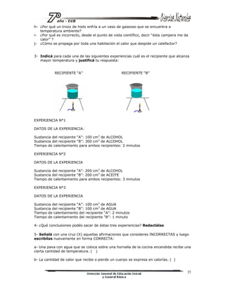 25
h- ¿Por qué un trozo de hielo enfría a un vaso de gaseoso que se encuentra a
temperatura ambiente?
i- ¿Por qué es incorrecto, desde el punto de vista científico, decir “ésta campera me da
calor” ?
j- ¿Cómo se propaga por toda una habitación el calor que despide un calefactor?
3- Indicá para cada una de las siguientes experiencias cuál es el recipiente que alcanza
mayor temperatura y justificá tu respuesta:
RECIPIENTE “A” RECIPIENTE “B”
EXPERIENCIA N°1
DATOS DE LA EXPERIENCIA:
Sustancia del recipiente “A”: 100 cm3
de ALCOHOL
Sustancia del recipiente “B”: 300 cm3
de ALCOHOL
Tiempo de calentamiento para ambos recipientes: 2 minutos
EXPERIENCIA N°2
DATOS DE LA EXPERIENCIA
Sustancia del recipiente “A”: 200 cm3
de ALCOHOL
Sustancia del recipiente “B”: 200 cm3
de ACEITE
Tiempo de calentamiento para ambos recipientes: 3 minutos
EXPERIENCIA N°3
DATOS DE LA EXPERIENCIA
Sustancia del recipiente “A”: 100 cm3
de AGUA
Sustancia del recipiente “B”: 100 cm3
de AGUA
Tiempo de calentamiento del recipiente “A”: 2 minutos
Tiempo de calentamiento del recipiente “B”: 1 minuto
4- ¿Qué conclusiones podés sacar de éstas tres experiencias? Redactálas
5- Señalá con una cruz (X) aquellas afirmaciones que consideres INCORRECTAS y luego
escribílas nuevamente en forma CORRECTA:
a- Una pava con agua que se coloca sobre una hornalla de la cocina encendida recibe una
cierta cantidad de temperatura. ( )
b- La cantidad de calor que recibe o pierde un cuerpo se expresa en calorías. ( )
 