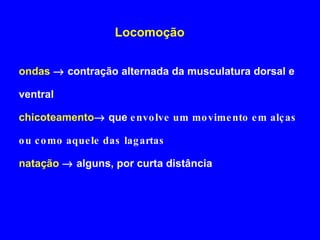 Locomoção ondas    contração alternada da musculatura dorsal e ventral chicoteamento    que  envolve um movimento em alças ou como aquele das lagartas natação     alguns, por curta distância 