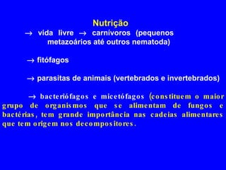 Nutrição     vida livre    carnívoros (pequenos  metazoários até outros nematoda)      fitófagos       parasitas de animais (vertebrados e invertebrados)      bacteriófagos e micetófagos  (constituem o maior grupo de organismos que se alimentam de fungos e bactérias, tem grande importância nas cadeias alimentares que tem origem nos decompositores. 