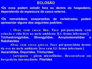 ECLOSÃO Os ovos podem eclodir fora ou dentro do hospedeiro, dependendo da espessura da casca externa. Os nematódeos zooparasitas de vertebrados podem apresentar alguns dos seguintes padrões: -  Ovos com casca fina . Fase pré-parasitária com eclosão e vida livre no meio ambiente (L3: forma infectante). Trichostrongylidae, Strongylidae, Ancylostomatidae e Rabdiasidea - Ovos com casca grossa . Fase pré-parasitária dentro do ovo no meio ambiente (ovo com L3: forma infectante). Ascarididea, Oxyuridea, Trichuridea -  Larvíparas  - põem microfilárias. Desenvolvem em hospedeiro intermediário.  Filaridea 