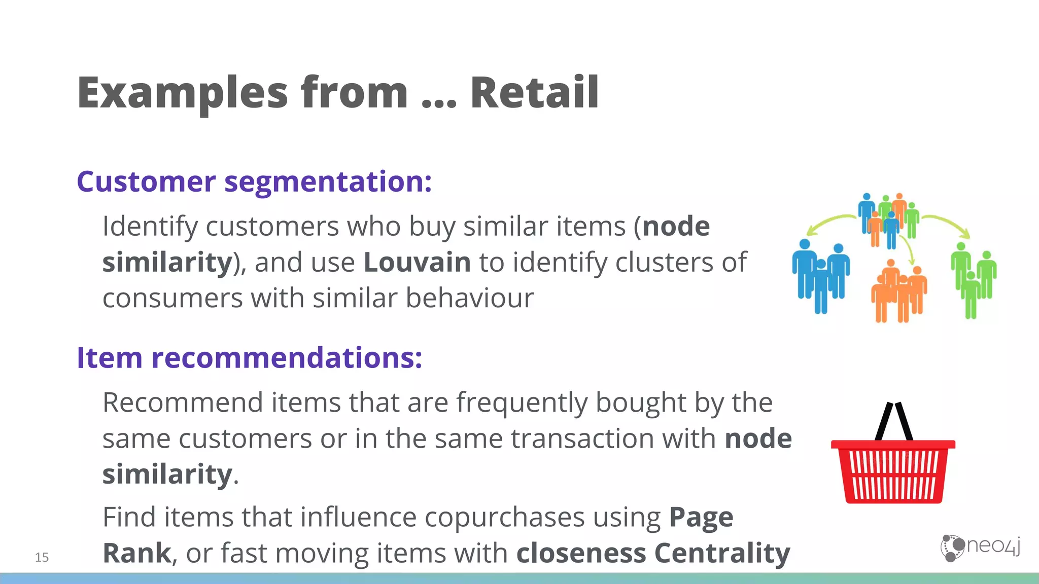 Customer segmentation:
Identify customers who buy similar items (node
similarity), and use Louvain to identify clusters of
consumers with similar behaviour
Item recommendations:
Recommend items that are frequently bought by the
same customers or in the same transaction with node
similarity.
Find items that inﬂuence copurchases using Page
Rank, or fast moving items with closeness Centrality
Examples from … Retail
 