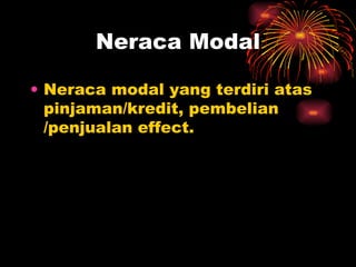 Neraca modal yang terdiri atas pinjaman/kredit, pembelian /penjualan effect.  Neraca Modal 