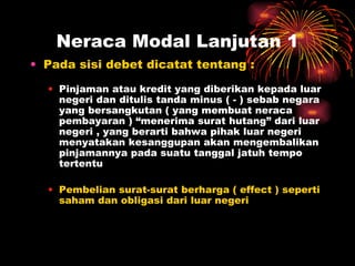 Pada sisi debet dicatat tentang : Pinjaman atau kredit yang diberikan kepada luar negeri dan ditulis tanda minus ( - ) sebab negara yang bersangkutan ( yang membuat neraca pembayaran ) “menerima surat hutang” dari luar negeri , yang berarti bahwa pihak luar negeri menyatakan kesanggupan akan mengembalikan pinjamannya pada suatu tanggal jatuh tempo tertentu  Pembelian surat-surat berharga ( effect ) seperti saham dan obligasi dari luar negeri Neraca Modal Lanjutan 1 