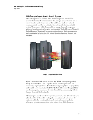 IBM zEnterprise System - Network Security
July 2010



                 IBM zEnterprise System Network Security Overview
                 This section provides an overview of the zEnterprise physical infrastructure
                 associated with network communications. Key concepts such as the node, how a
                 cluster of nodes can be formed into an “Ensemble”, and finally how network
                 communication is provided for within the Ensemble are also introduced in this
                 section. The resources within the ensemble are managed across heterogeneous
                 platforms by an innovative zEnterprise function called “Unified Resource Manager”.
                 Unified Resource Manager will orchestrate various forms of platform management
                 and virtualization by interacting with various elements of platform firmware and
                 hardware.




                                            Figure 2: System zEnterprise



                 Figure 2 illustrates a z196 with an attached zBX. A z196 can support up to four
                 locally attached racks in a zBX. Together the CPC and the optional zBX are
                 considered a single logical node. Individual nodes (up to eight) can be grouped into
                 an Ensemble which is defined at the HMC. The Unified Resource Manager (HMC)
                 can then manage the resources of the entire Ensemble by communicating with the
                 Support Element (SE) of each node.

                 The zEnterprise provides a dedicated system data network. This data network spans
                 all nodes within the Ensemble reaching all servers within each node across the
                 entire ensemble. The security attributes and considerations associated with
                 zEnterprise network communications is the primary focus of this document.




                                                                                                    6
 