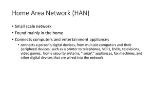 Home Area Network (HAN)
• Small scale network
• Found mainly in the home
• Connects computers and entertainment appliances
• connects a person’s digital devices, from multiple computers and their
peripheral devices, such as a printer to telephones, VCRs, DVDs, televisions,
video games, home security systems, “ smart” appliances, fax machines, and
other digital devices that are wired into the network
 