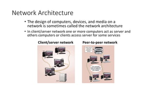 Network Architecture
• The design of computers, devices, and media on a
network is sometimes called the network architecture
• In client/server network one or more computers act as server and
others computers or clients access server for some services
Client/server network Peer-to-peer network
 