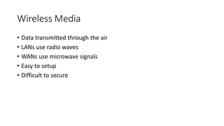 Wireless Media
• Data transmitted through the air
• LANs use radio waves
• WANs use microwave signals
• Easy to setup
• Difficult to secure
 
