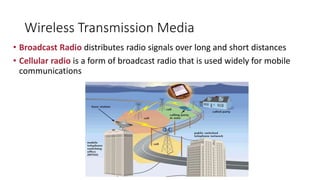 Wireless Transmission Media
• Broadcast Radio distributes radio signals over long and short distances
• Cellular radio is a form of broadcast radio that is used widely for mobile
communications
 