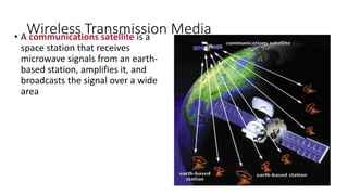 Wireless Transmission Media
• A communications satellite is a
space station that receives
microwave signals from an earth-
based station, amplifies it, and
broadcasts the signal over a wide
area
 